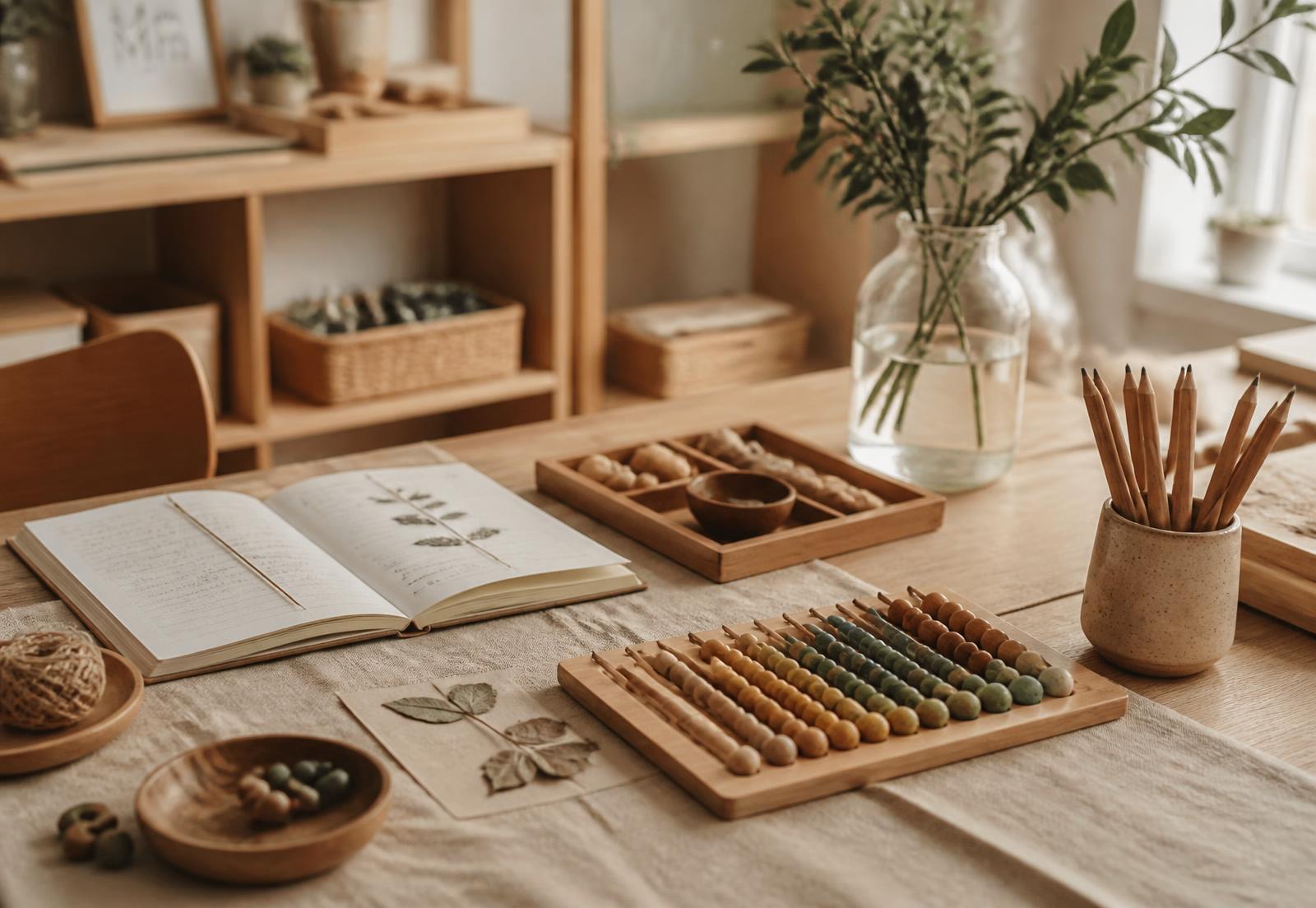 A warm home learning table with wooden counting beads, a nature journal and pencils